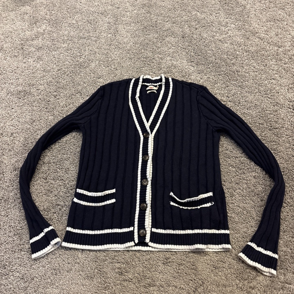 FAHERTY Game Set Ribbed Knit Cardigan Sweater Cream Navy Blue Trim size XS
